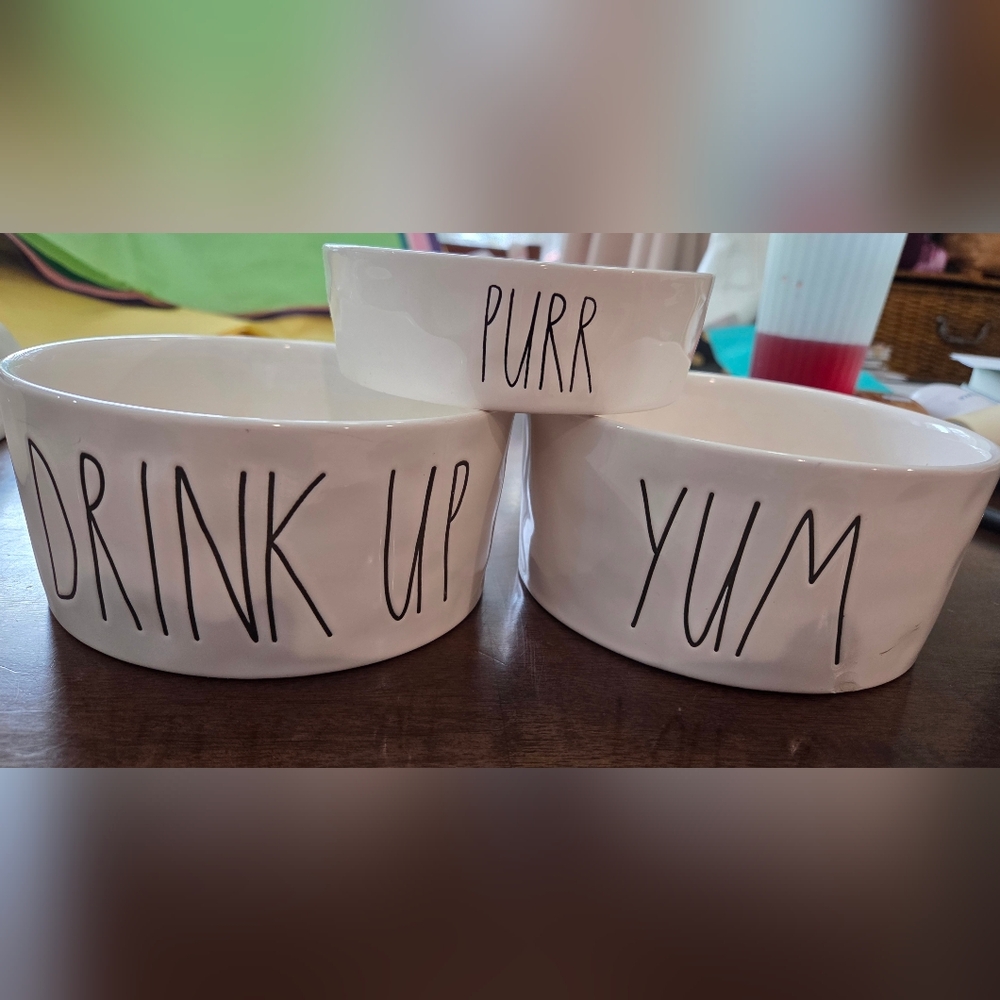 Rae Dunn White Ceramic Pet Bowl Set - Drink Up, Purr, Yum
